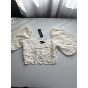 Lulus Ruched Crop Top Puff Sleeve Blouse Square Neck‎ White Size S